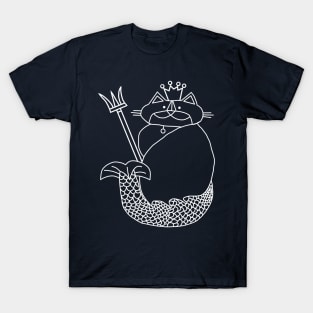 Kevin the Cat Mermaid King White Line Drawing T-Shirt